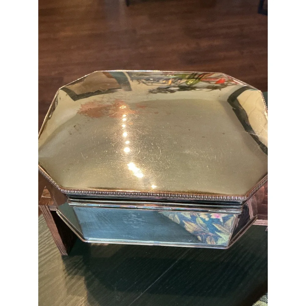Vintage Silver Over Copper Octagonal Trinket Box Hinged Biscuit Jewelry Case